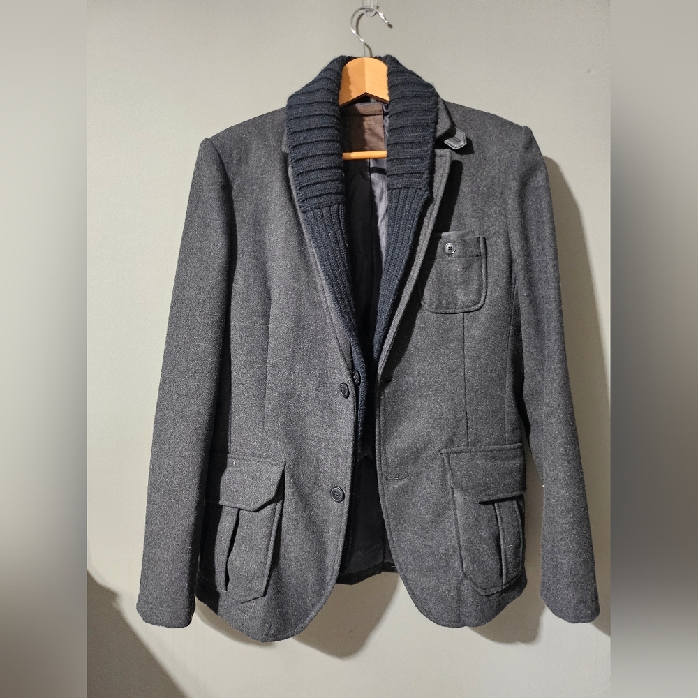 Bershka Gray Blazer with Removable Ribbed Wool Collar